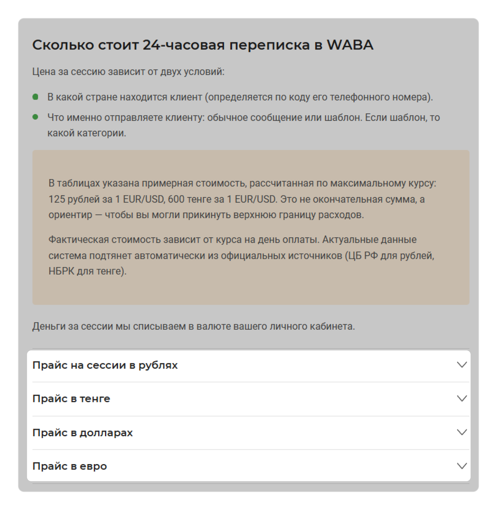 Стоимость переписок в WABA