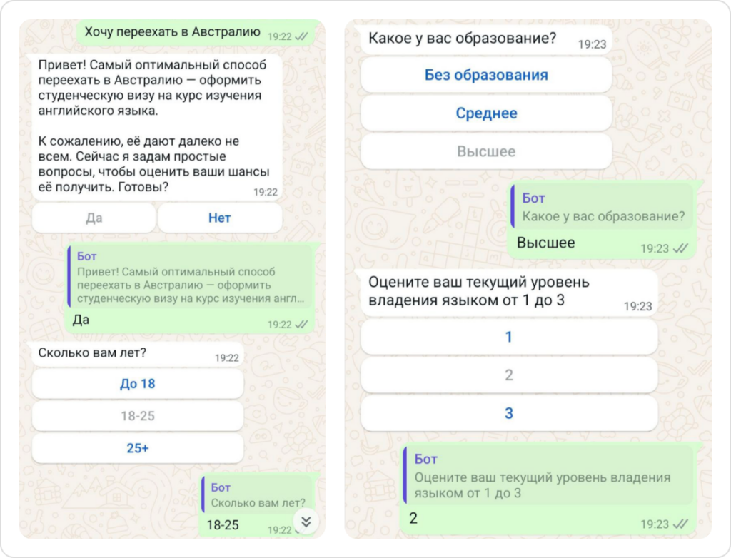 Скриншот квалификации лидов через чат-бота пример от Sendbot