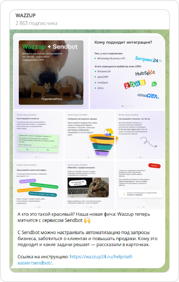 Скриншот записи в канале Wazzup, которая знакомит с продуктом