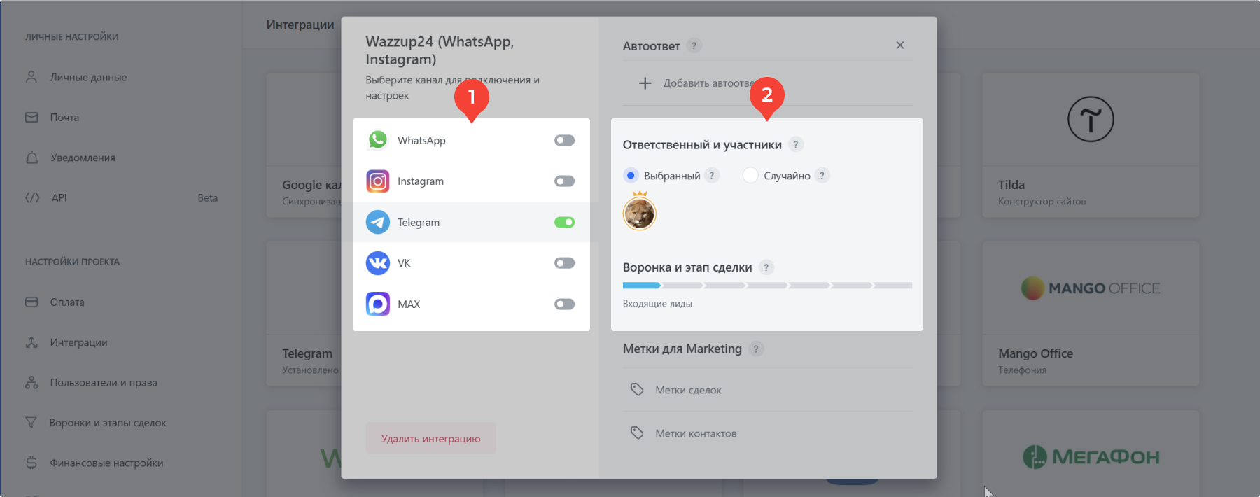 Настройки Wazzup Brizo